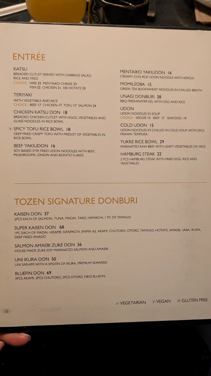 Menu, Tozen Sushi Bar