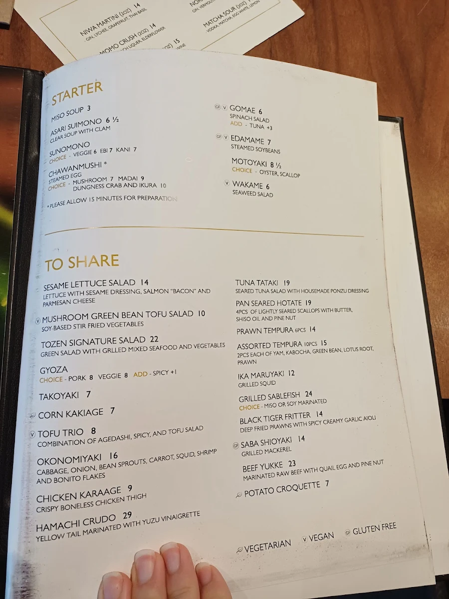 Menu, Tozen Sushi Bar