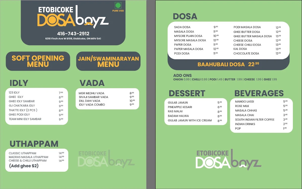 Menu, Dosa Boyz - Etobicoke (Pure Vegetarian South Indian Kitchen)