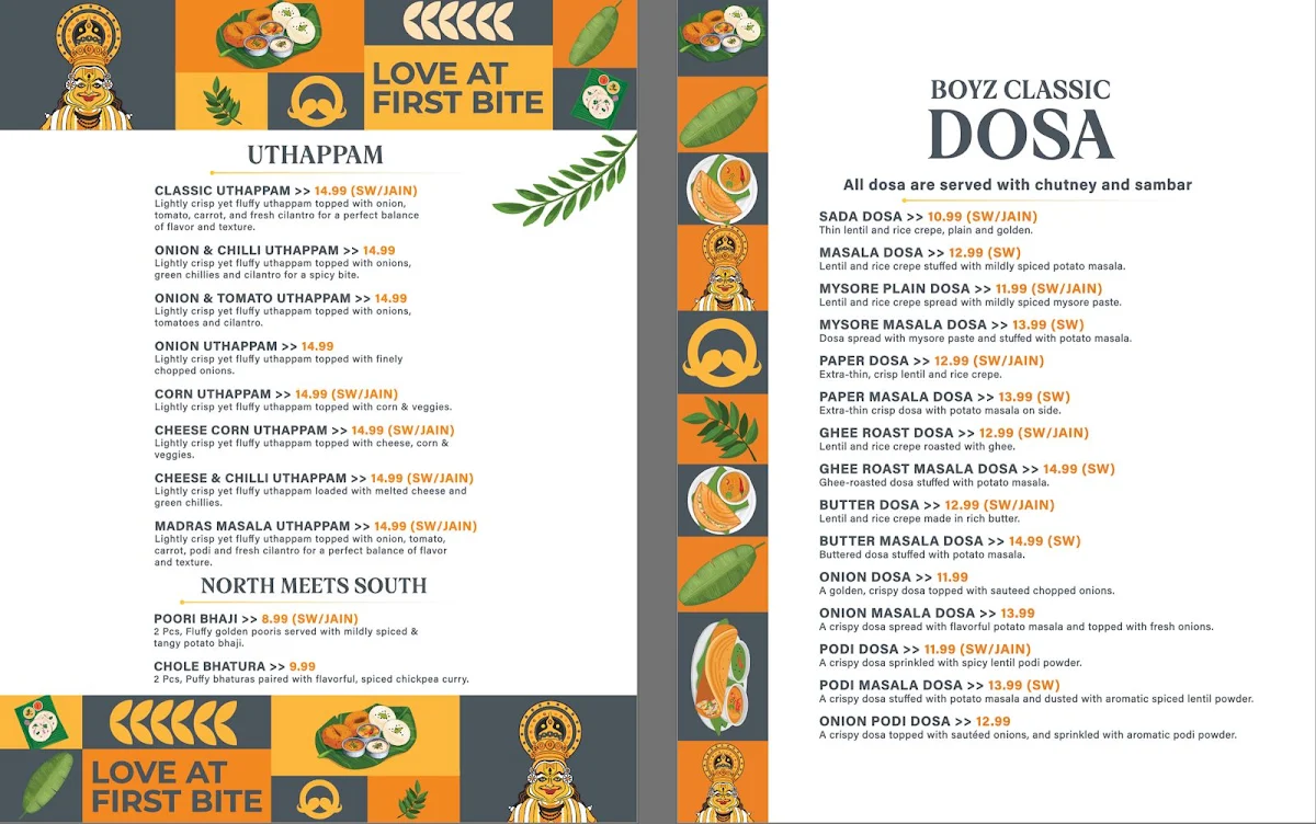 Menu, Dosa Boyz - Etobicoke (Pure Vegetarian South Indian Kitchen)