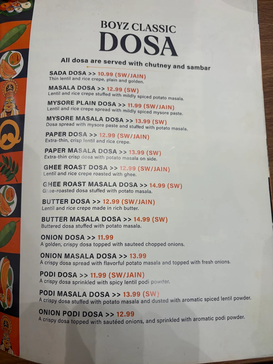 Menu, Dosa Boyz - Etobicoke (Pure Vegetarian South Indian Kitchen)