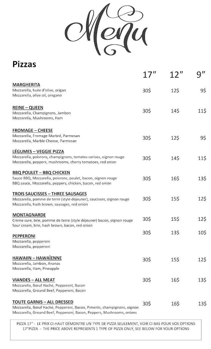 Menu, La Pizza du Marché