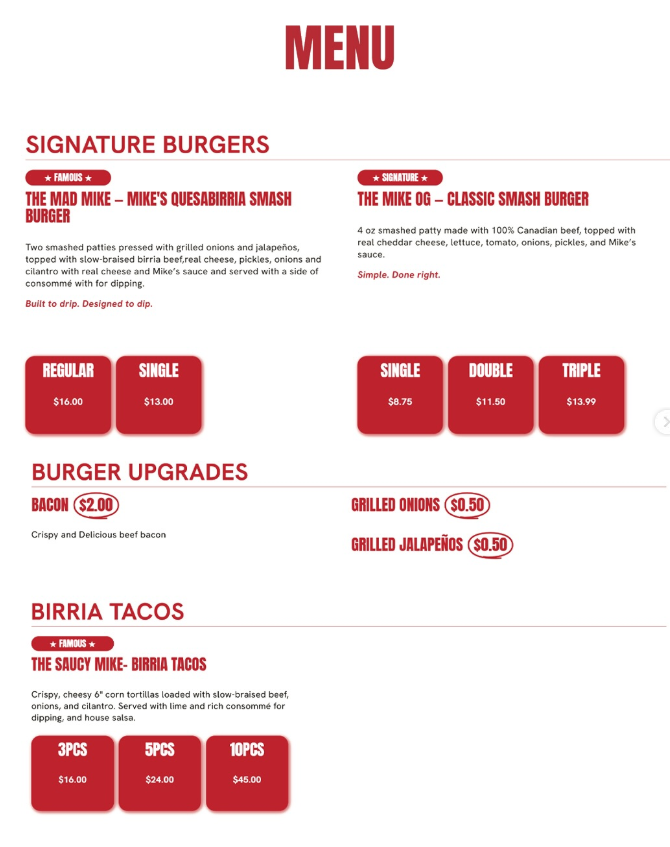 Menu, Mike's Burgers | Smash Burgers & Birria Tacos