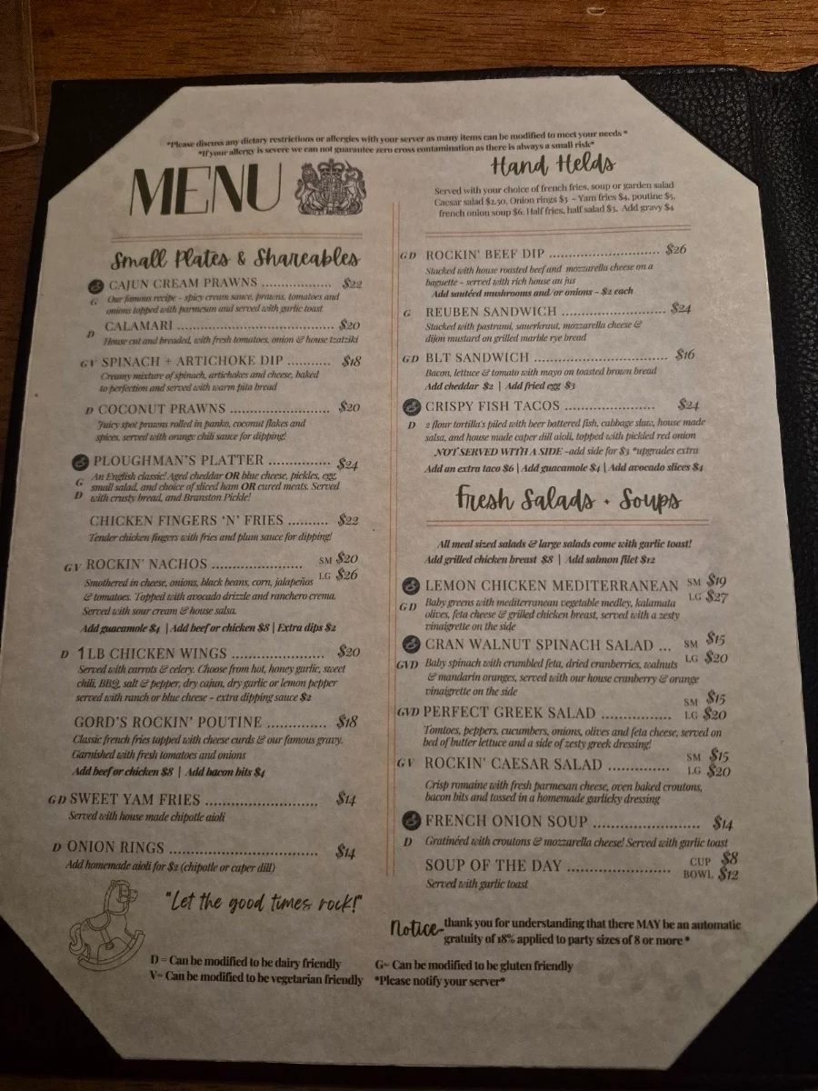 Menu, Rocking Horse Pub