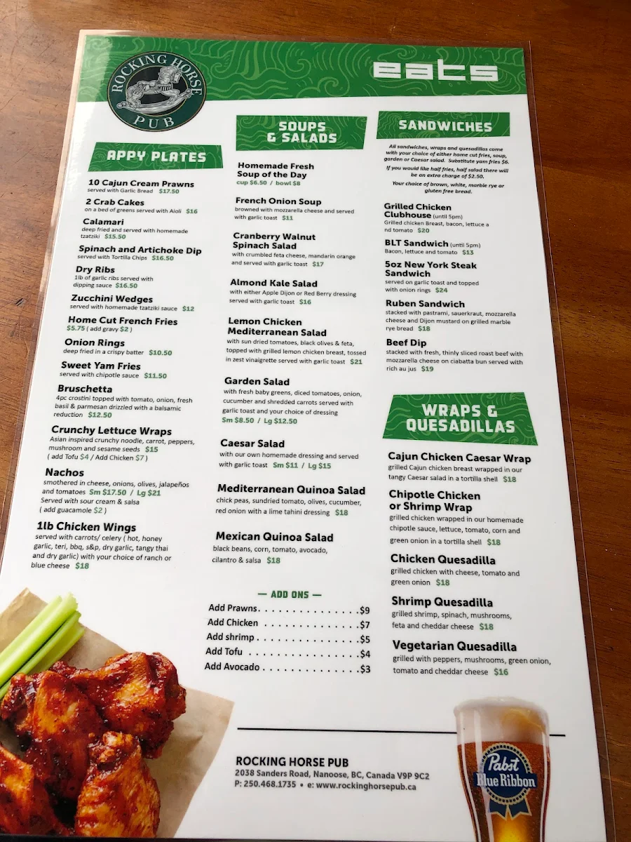 Menu, Rocking Horse Pub