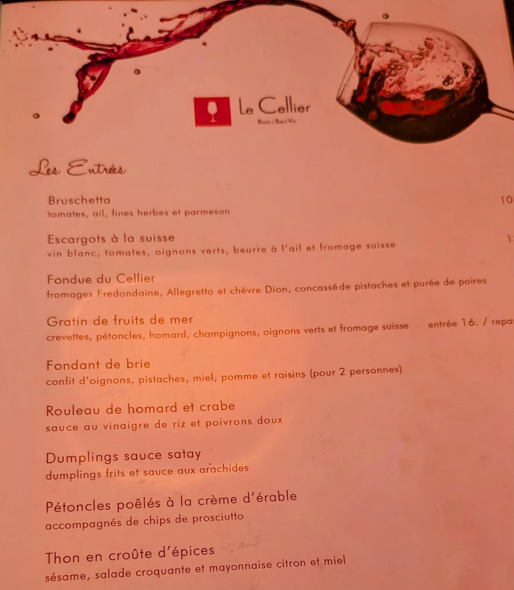 Menu, Resto/Bar à vin Le Cellier