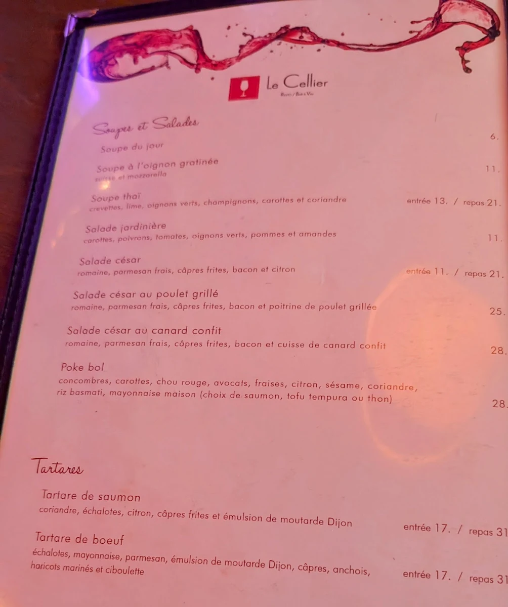 Menu, Resto/Bar à vin Le Cellier