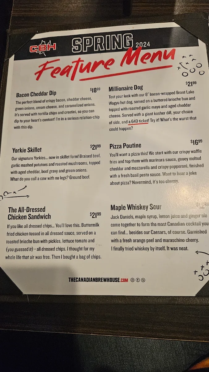 Menu, The Canadian Brewhouse (Airdrie)
