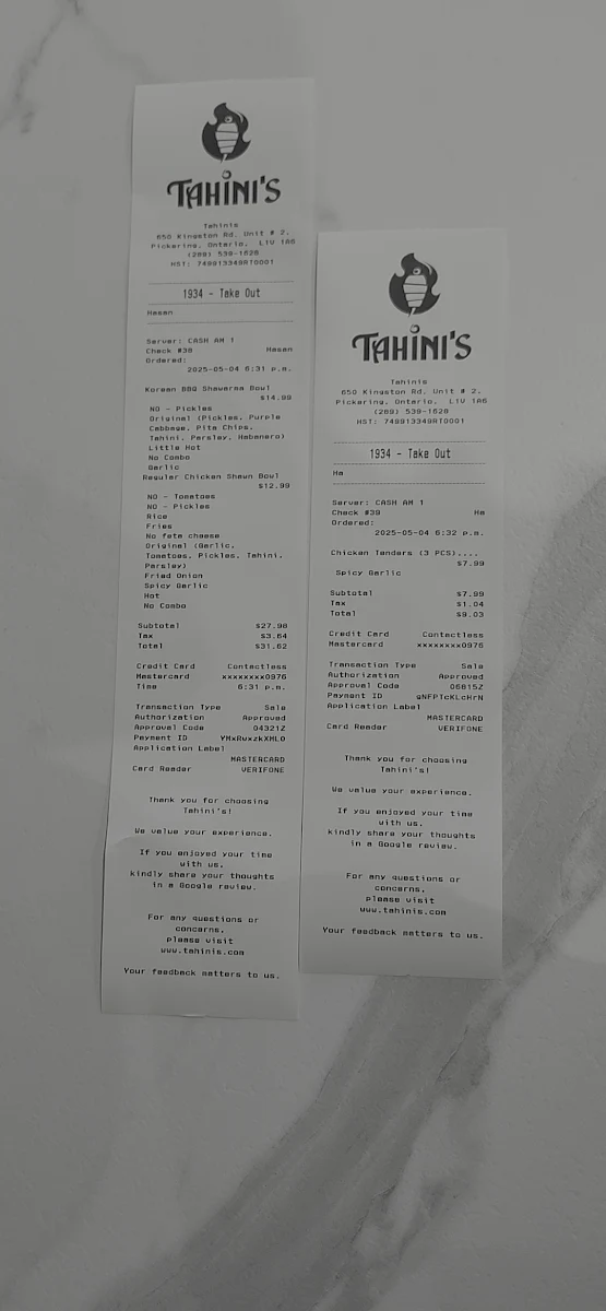 Menu, Tahini's Shawarma