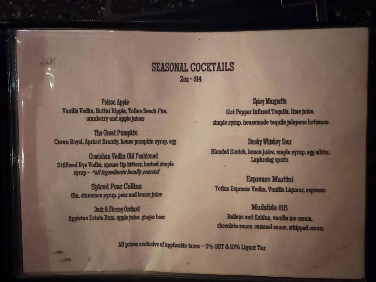 Menu, Youbou Bar & Grill