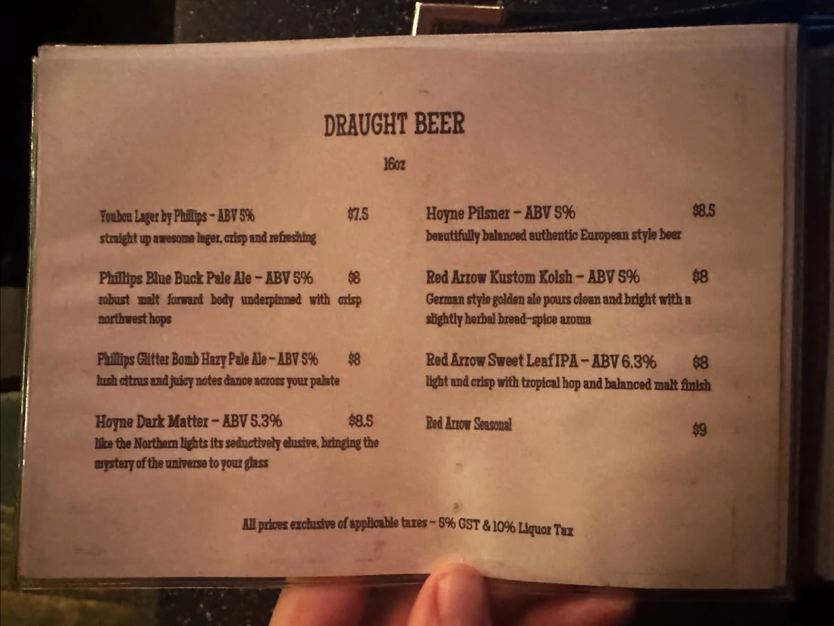 Menu, Youbou Bar & Grill