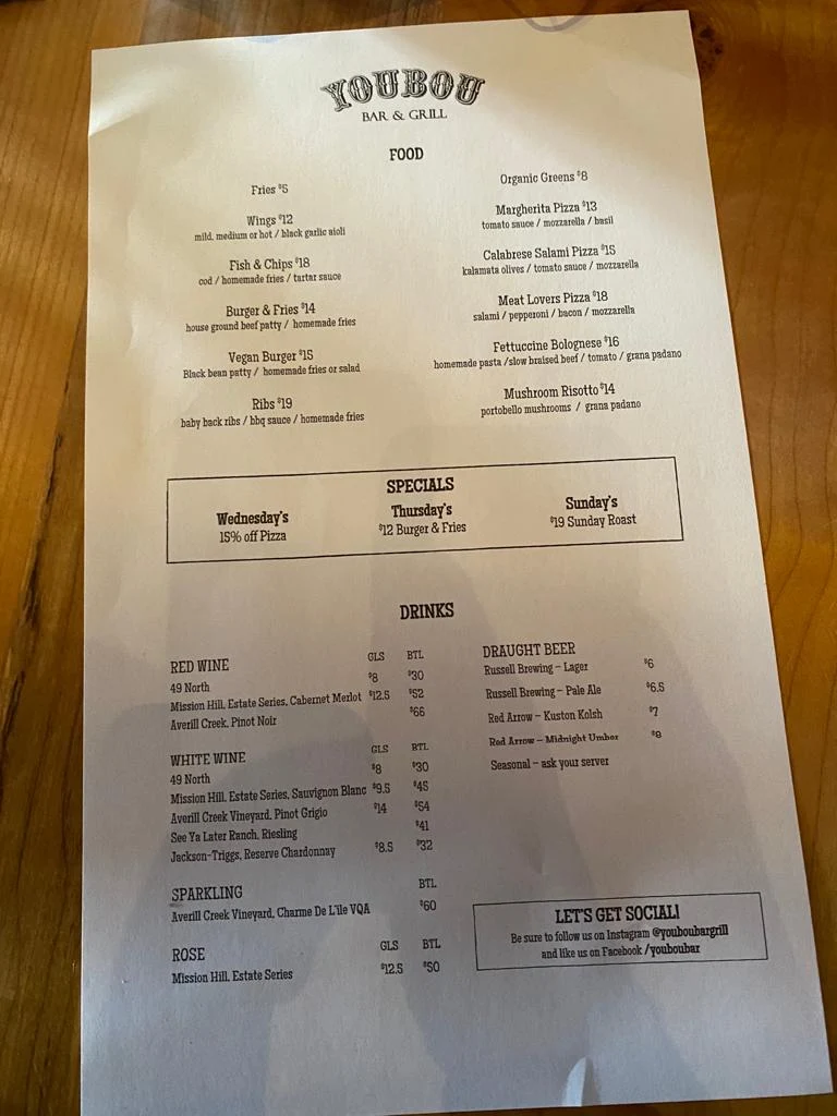 Menu, Youbou Bar & Grill
