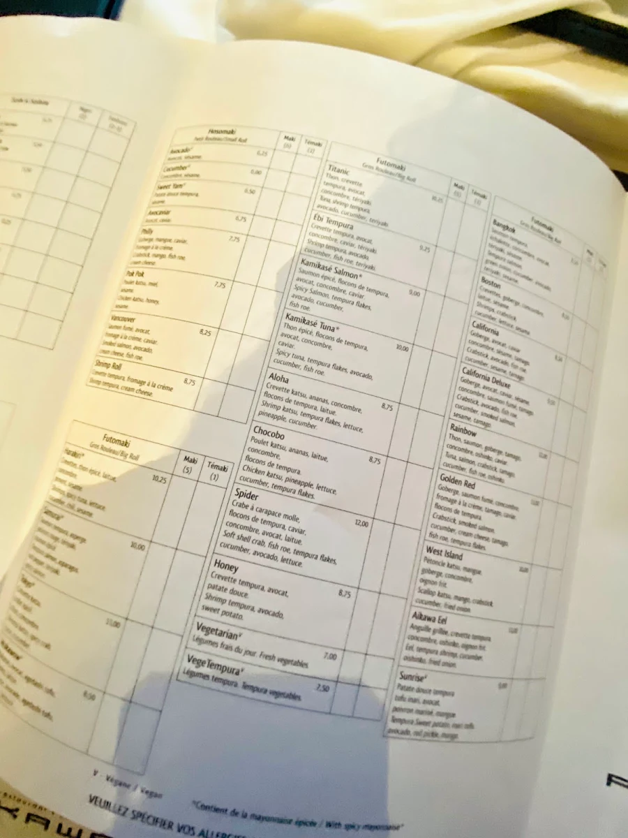 Menu, Aikawa Sushi Restaurant