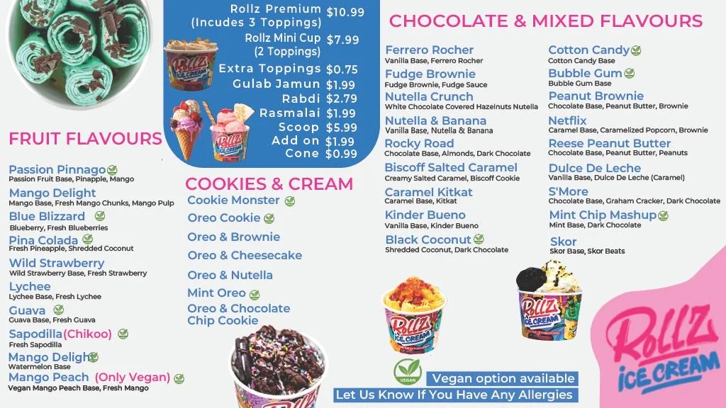 Menu, Rollz Ice Cream & Desserts - Kelowna