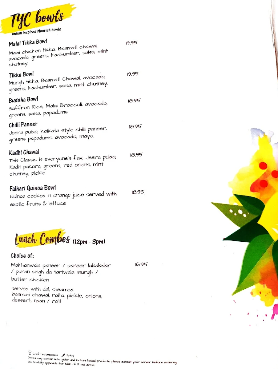 Menu, The Yellow Chilli