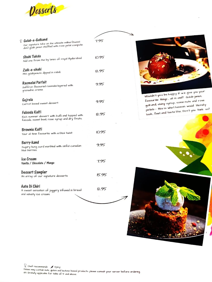 Menu, The Yellow Chilli
