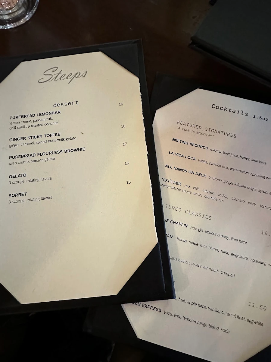 Menu, Steeps Grill On Whistler Mountain