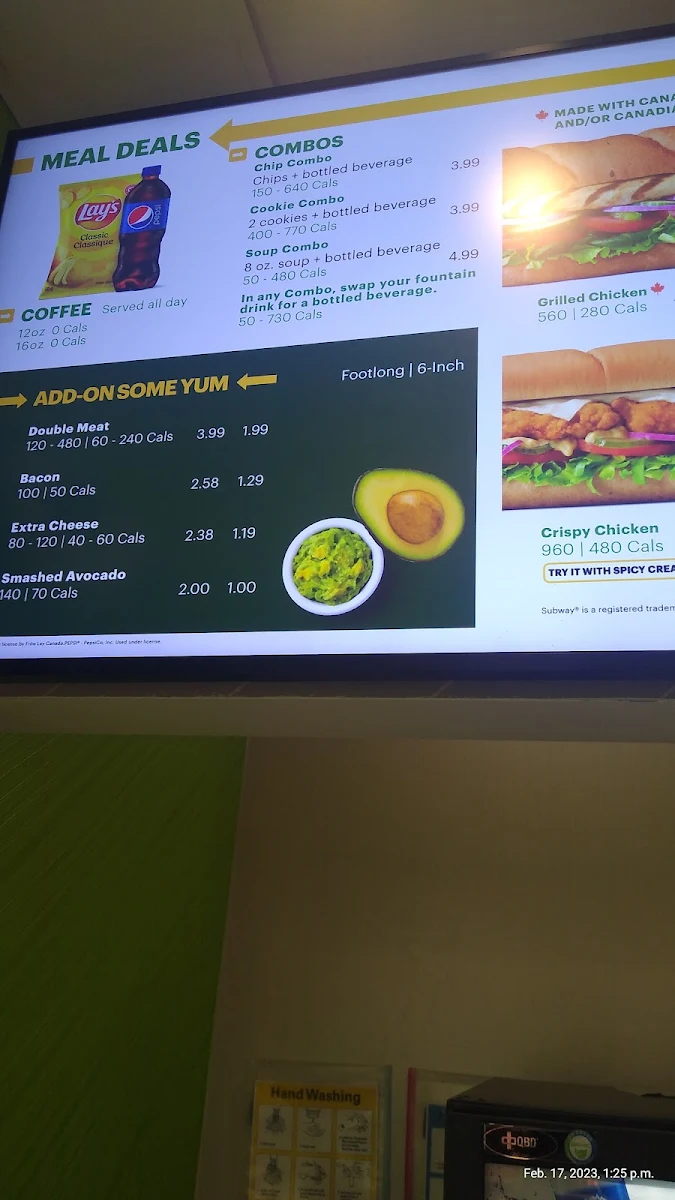 Menu, Subway inside esso gas station