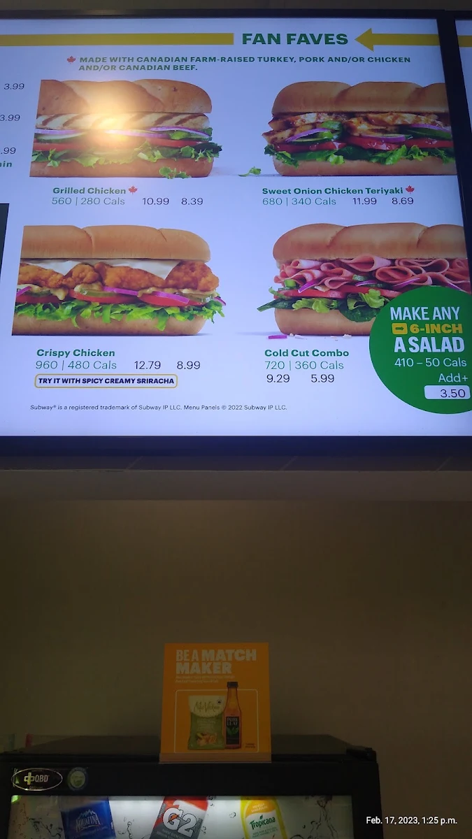 Menu, Subway inside esso gas station
