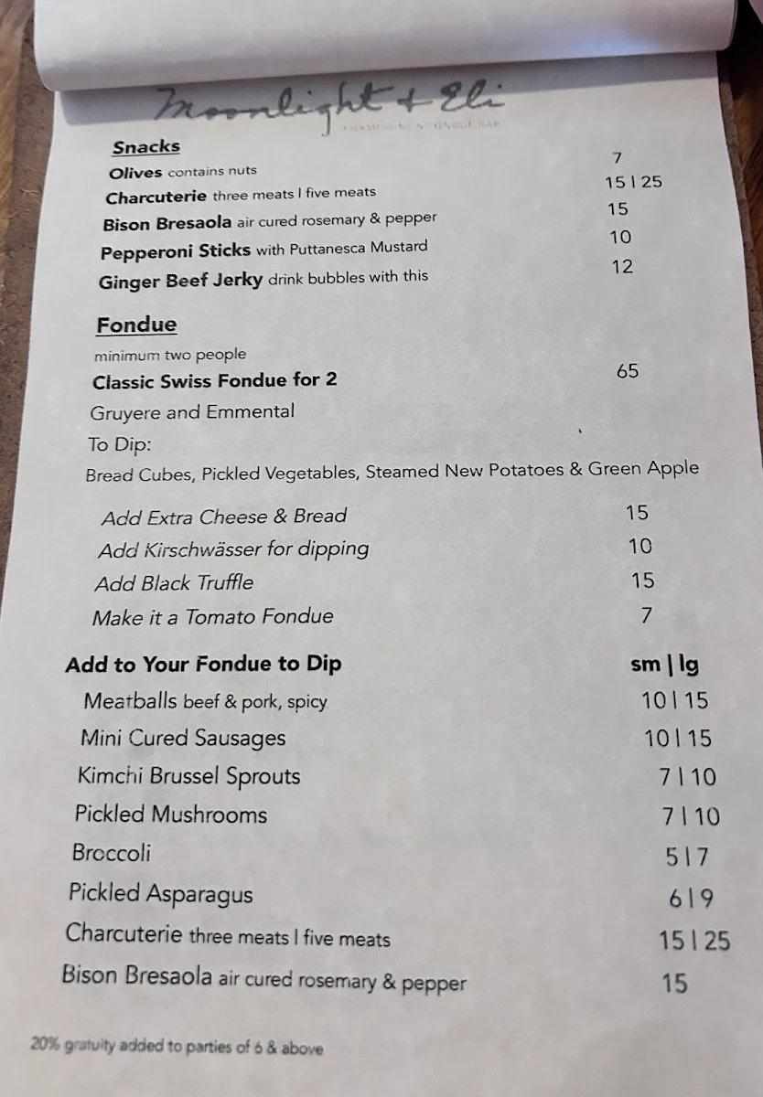 Menu, Moonlight & Eli Champagne and Fondue Bar