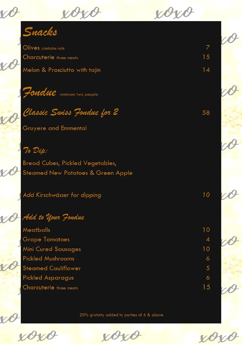 Menu, Moonlight & Eli Champagne and Fondue Bar
