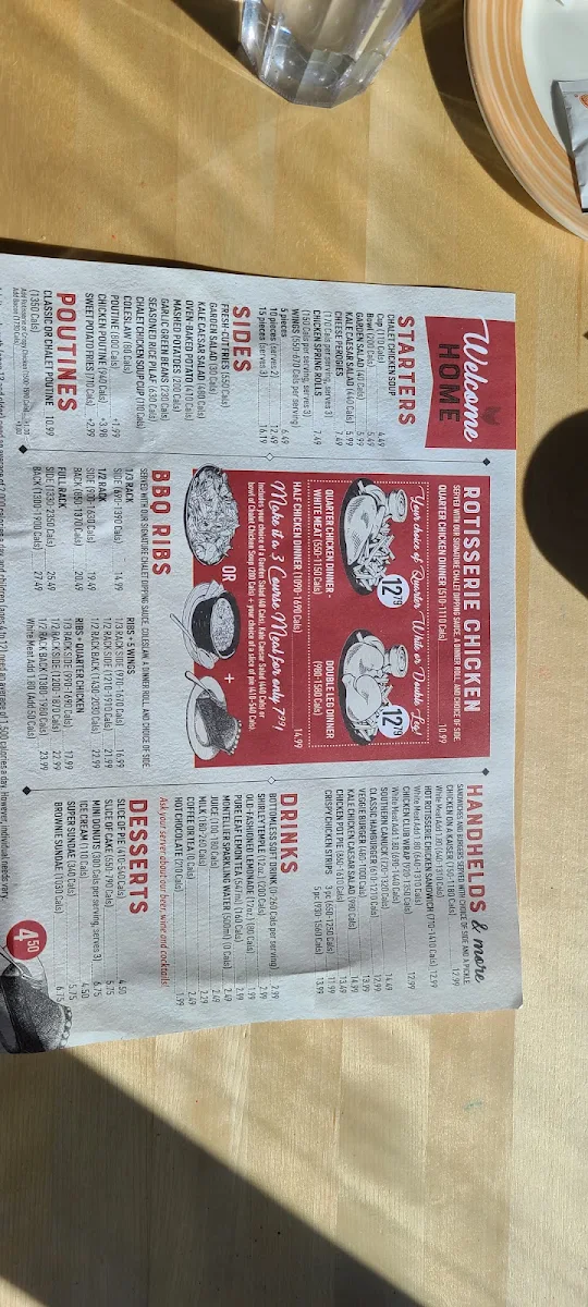 Menu, Swiss Chalet
