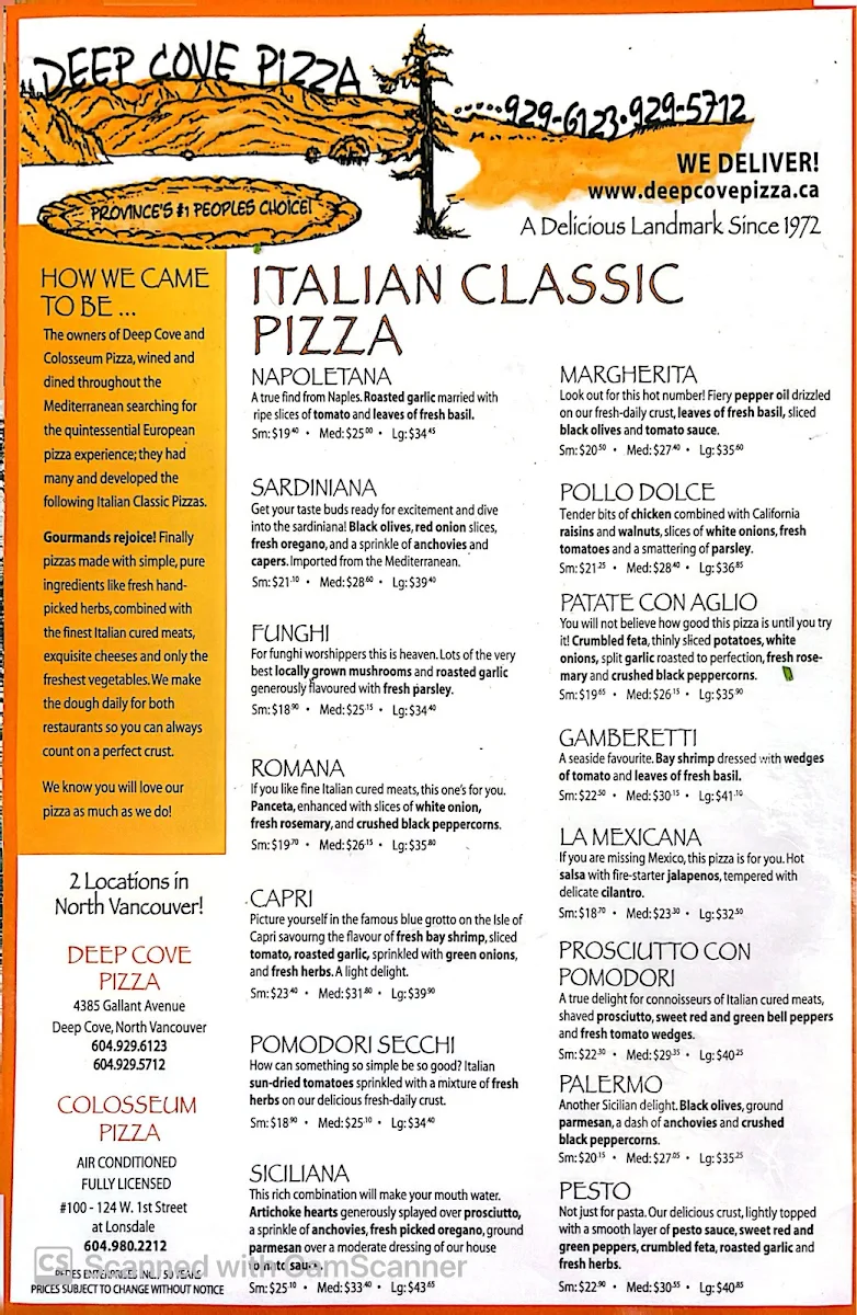 Menu, Deep Cove Pizza