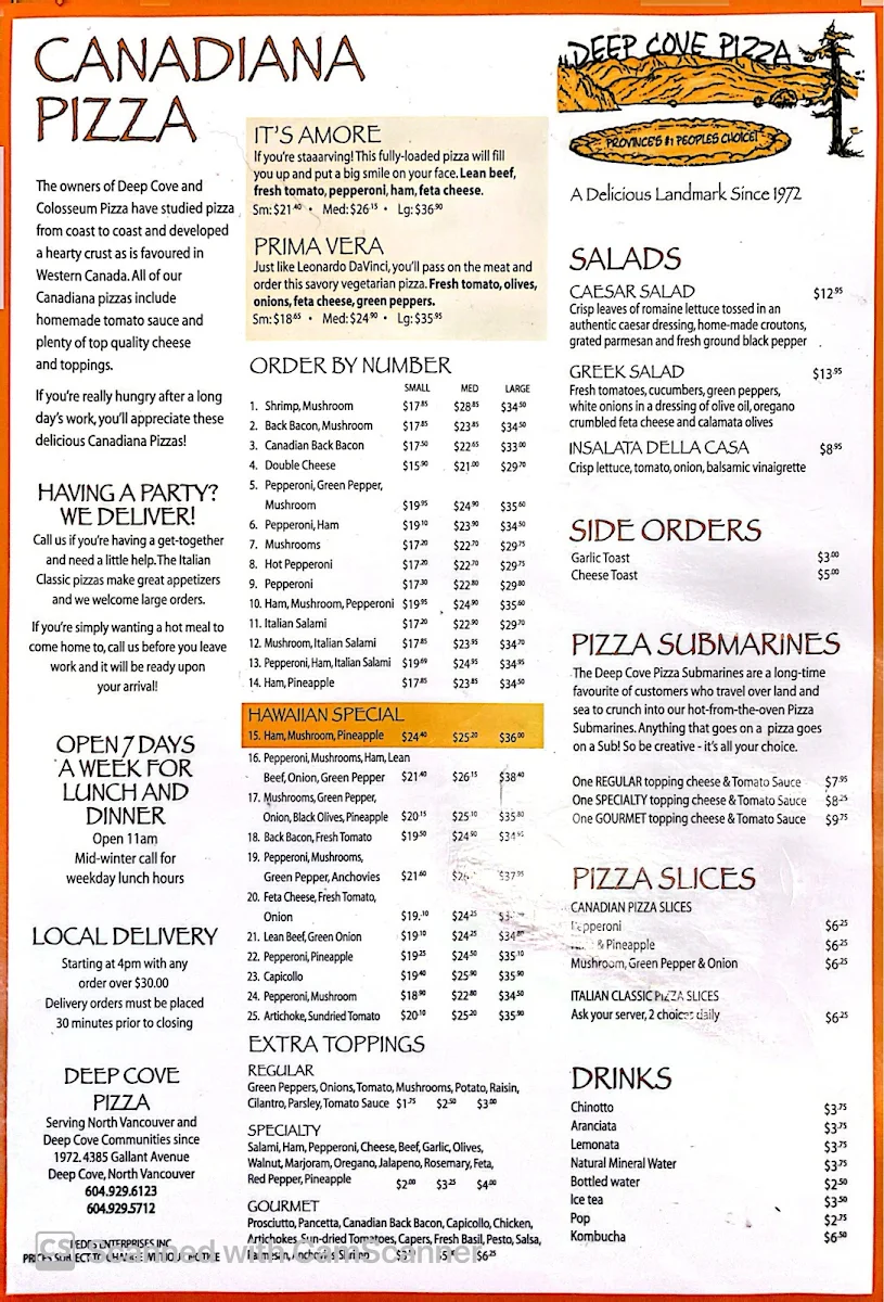Menu, Deep Cove Pizza