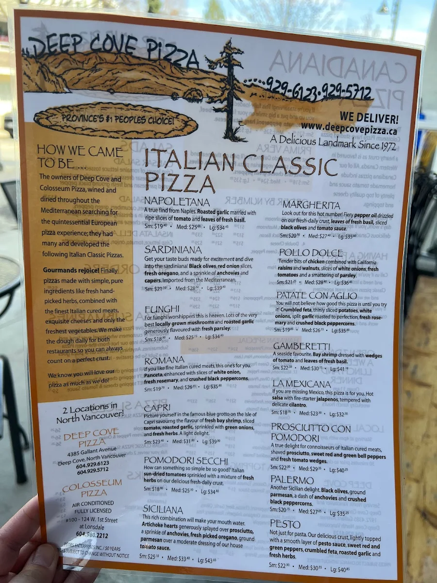 Menu, Deep Cove Pizza