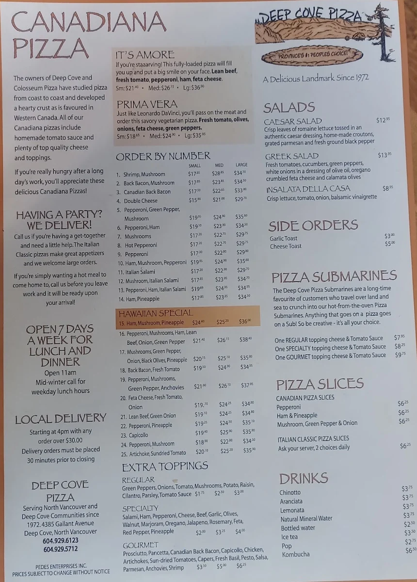 Menu, Deep Cove Pizza