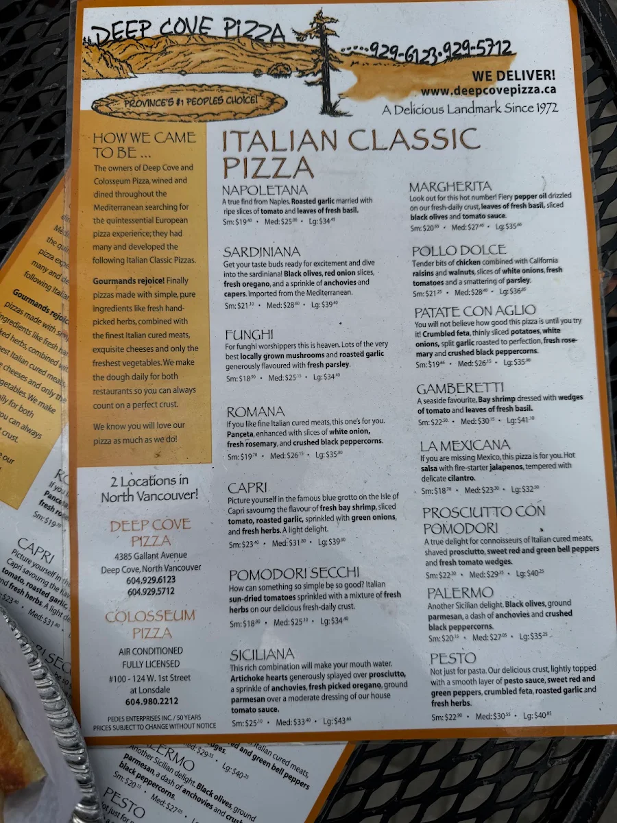 Menu, Deep Cove Pizza