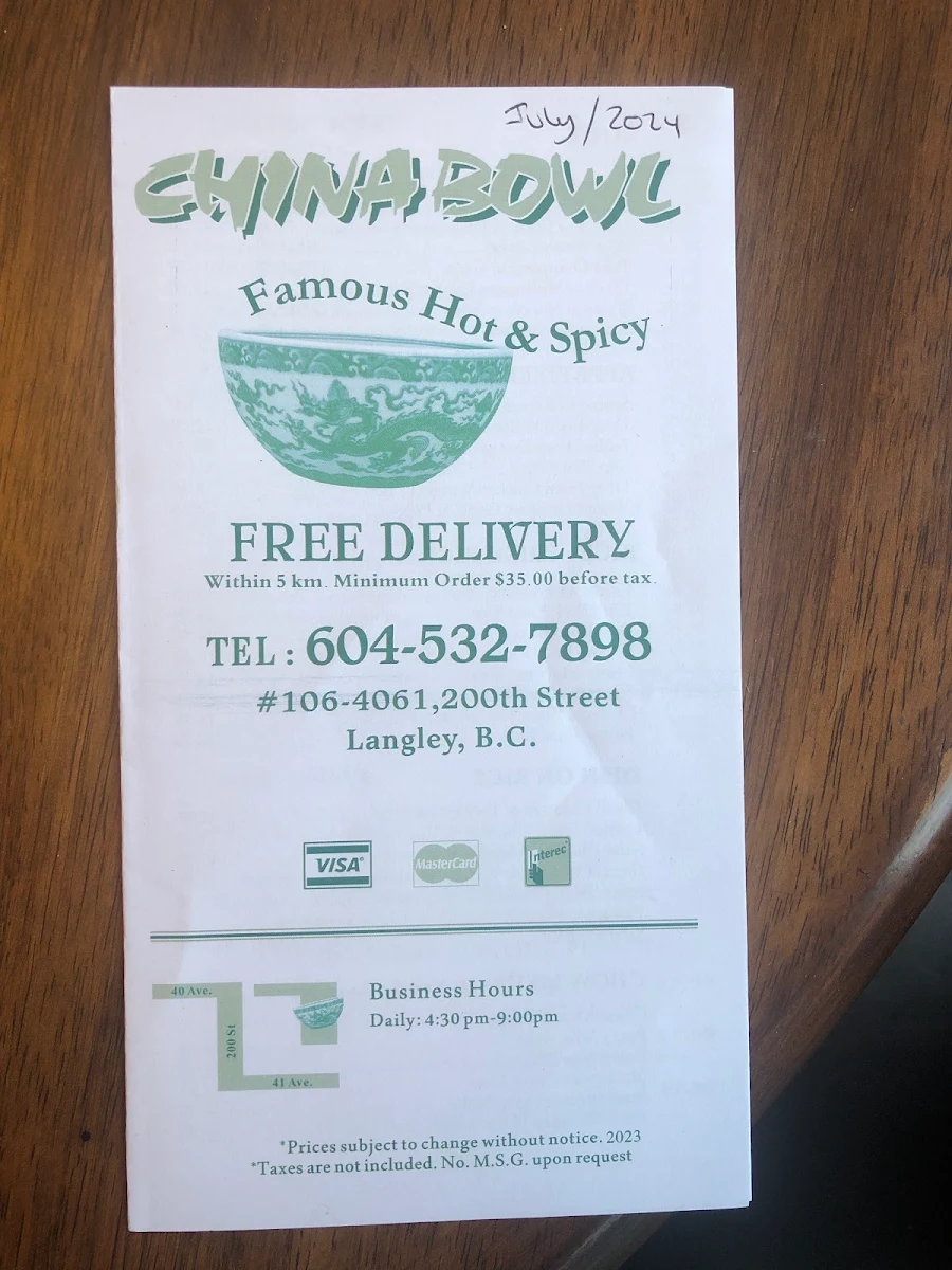 Menu, China Bowl Restaurant