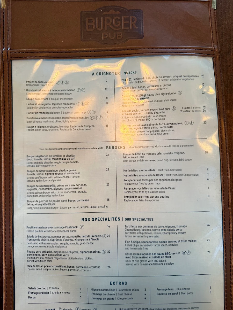 Menu, Burger Pub