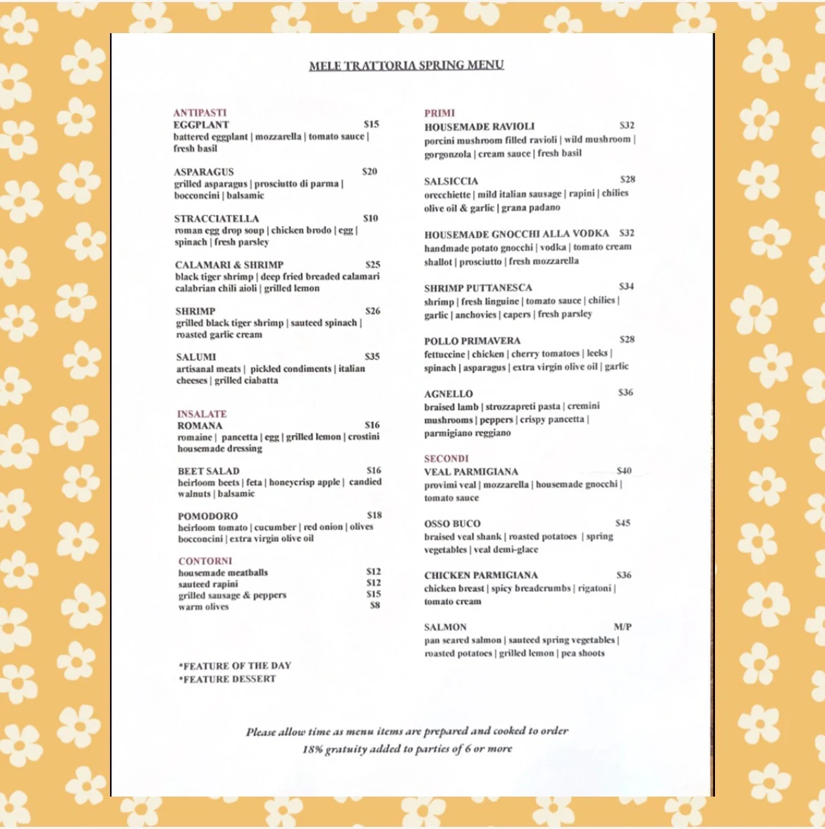 Menu, Mele Trattoria
