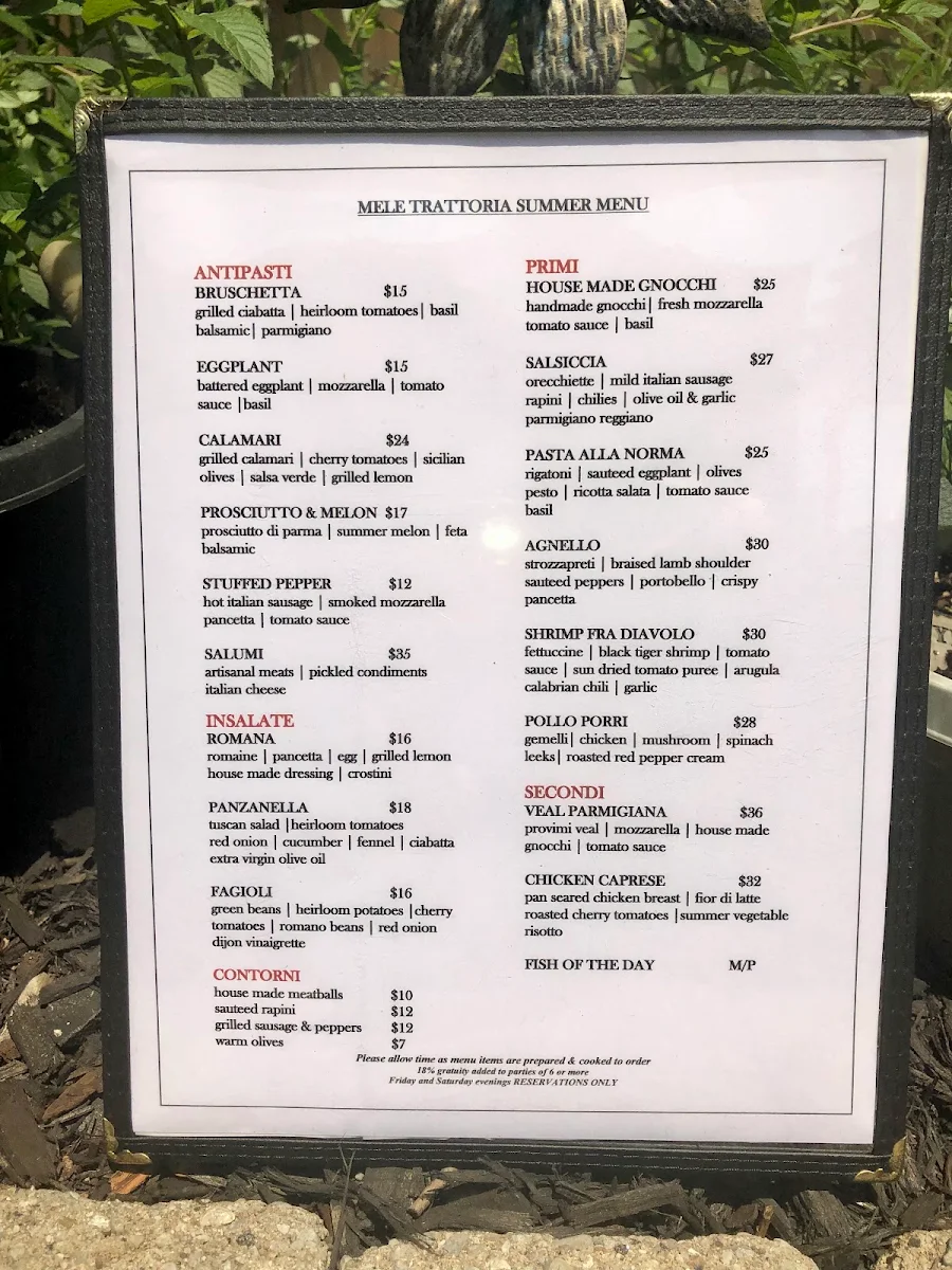 Menu, Mele Trattoria