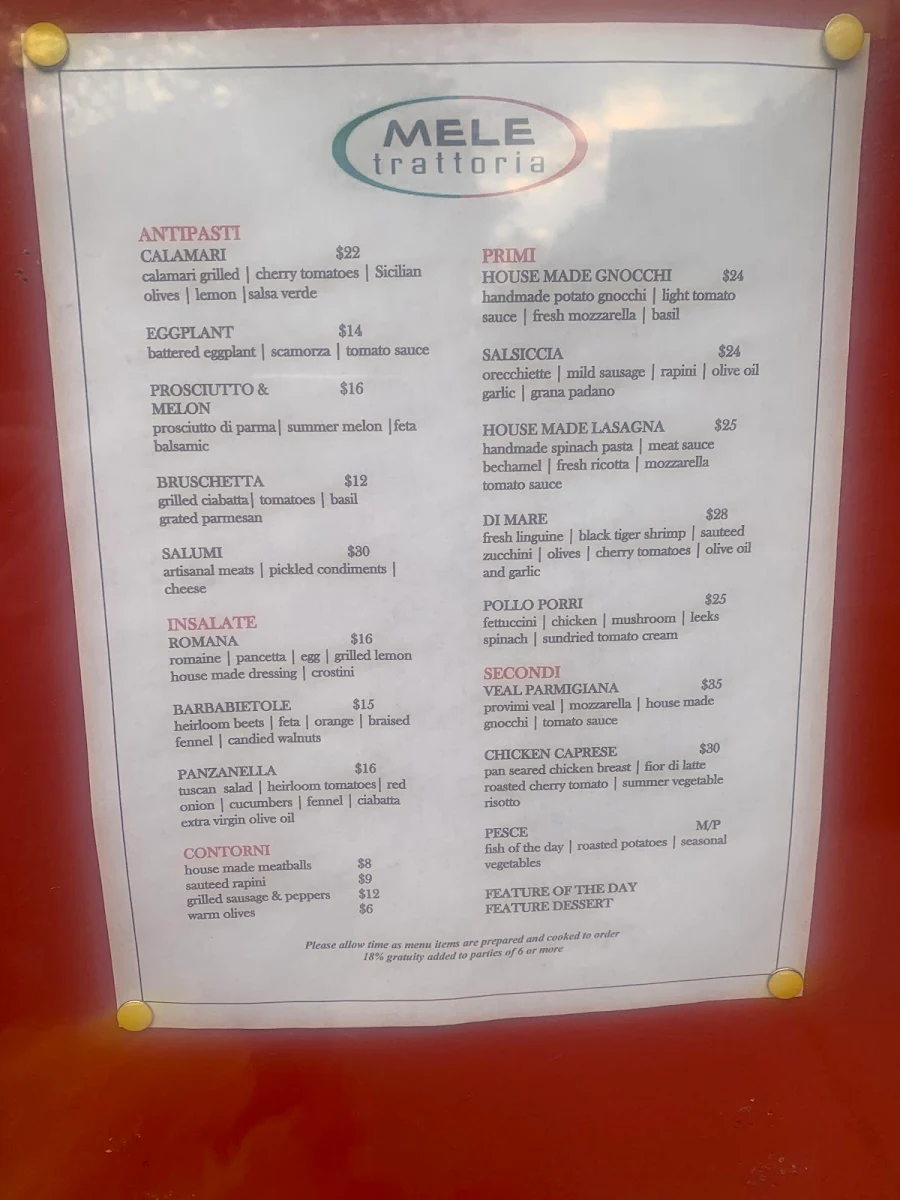 Menu, Mele Trattoria