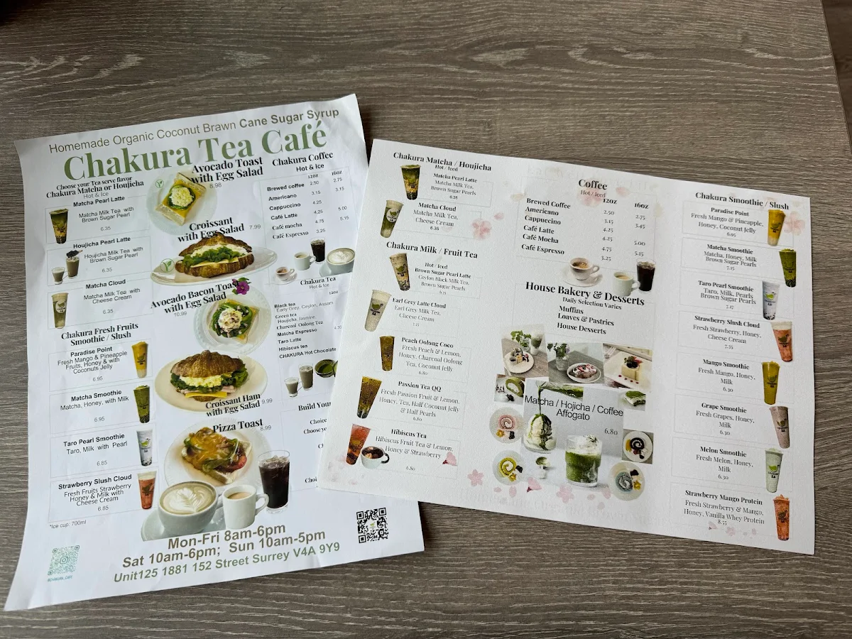 Menu, Chakura Tea Cafe