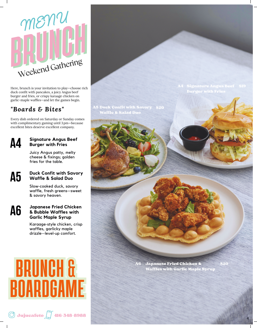Menu, Juju Cafe & Board Games