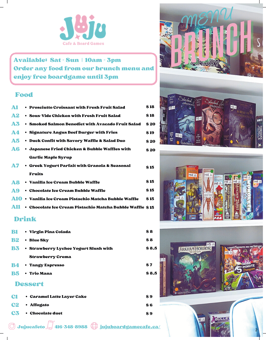 Menu, Juju Cafe & Board Games