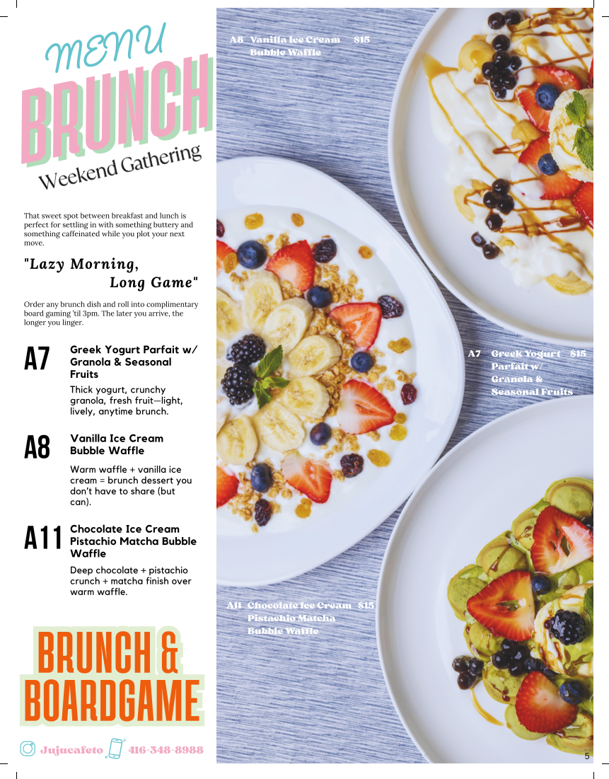 Menu, Juju Cafe & Board Games