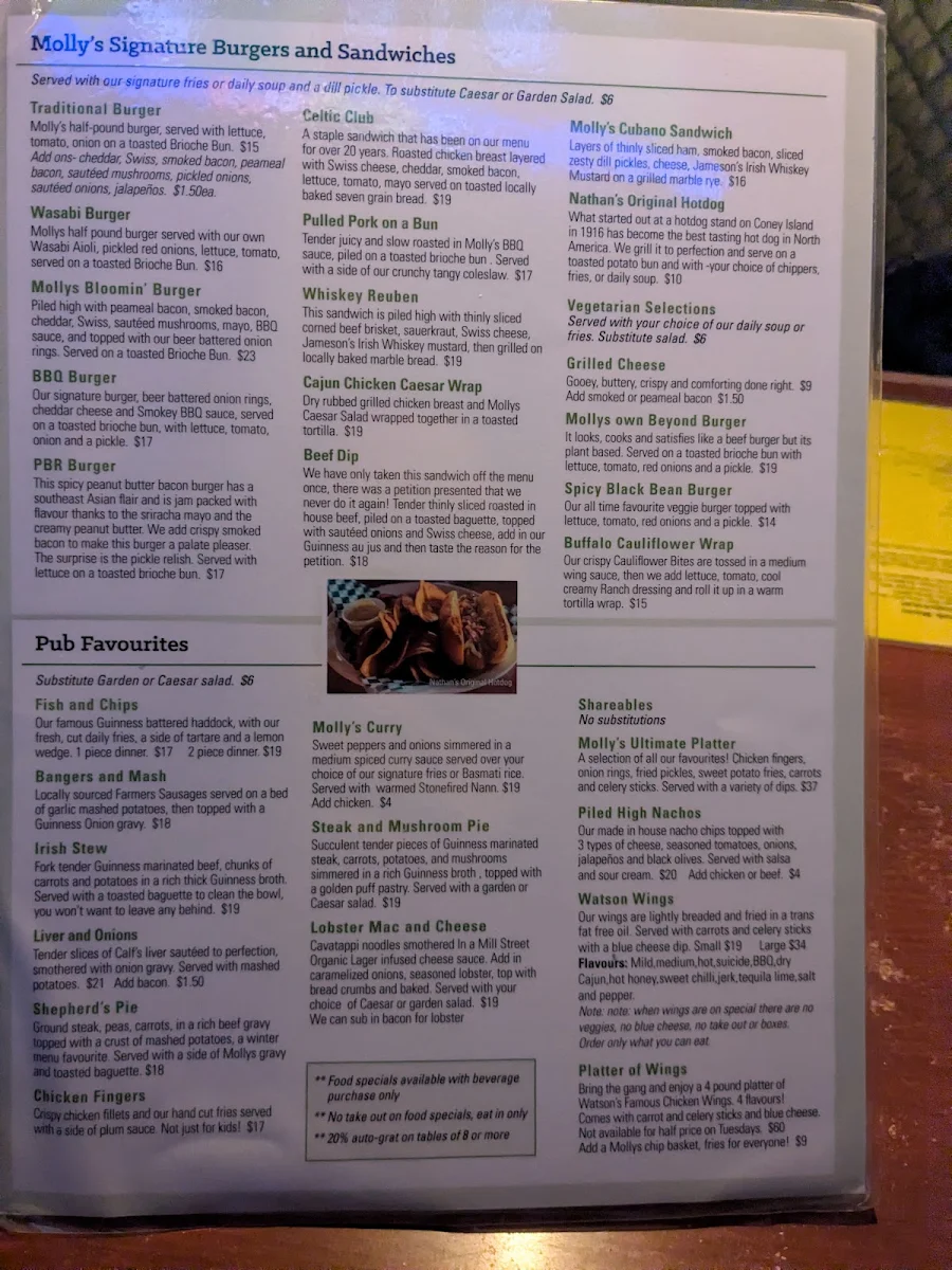 Menu, Molly Bloom's Irish Pub