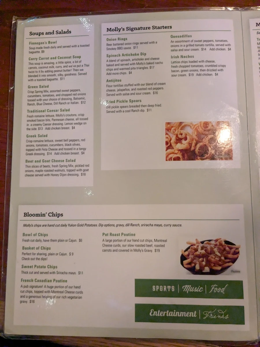 Menu, Molly Bloom's Irish Pub