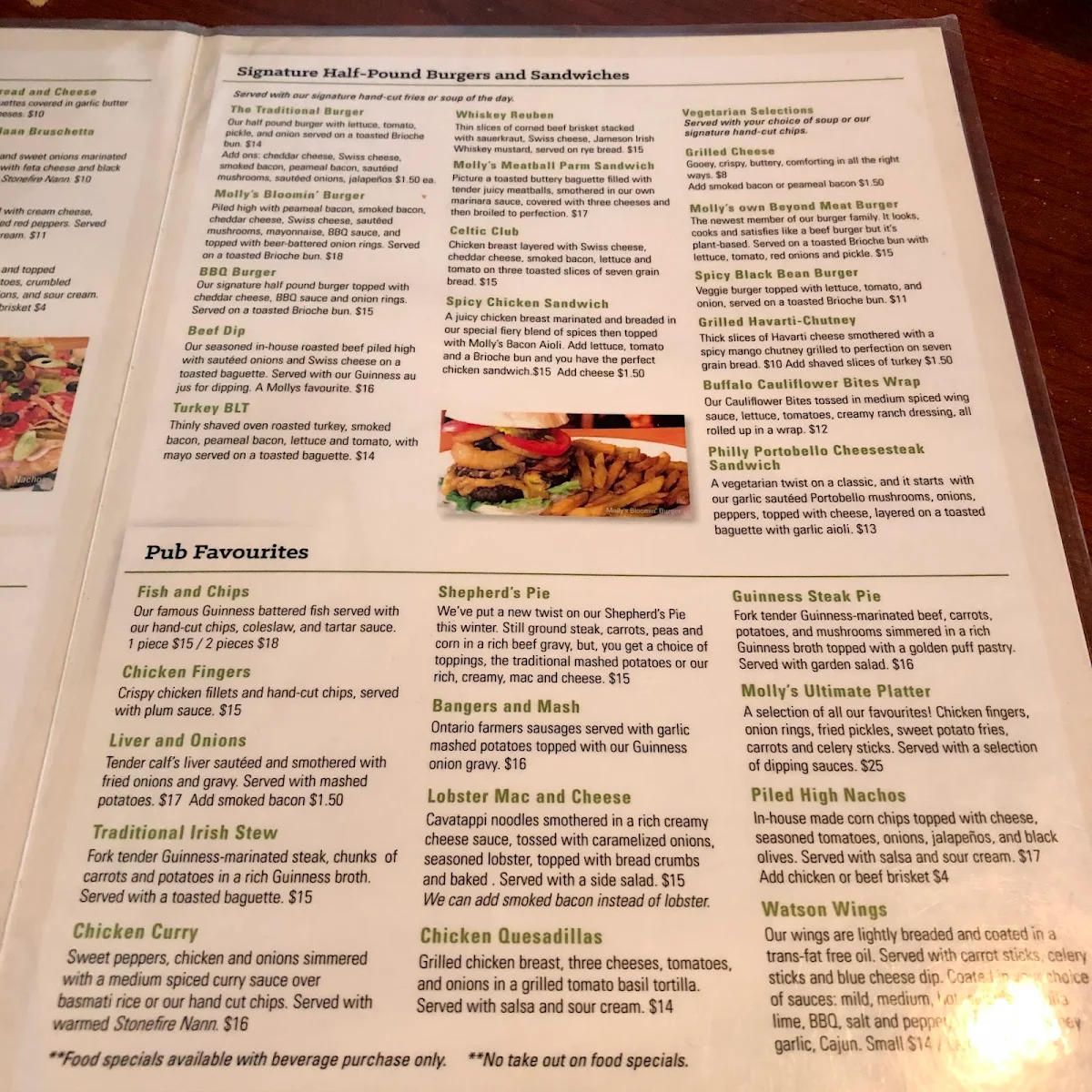 Menu, Molly Bloom's Irish Pub