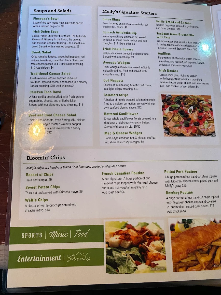 Menu, Molly Bloom's Irish Pub