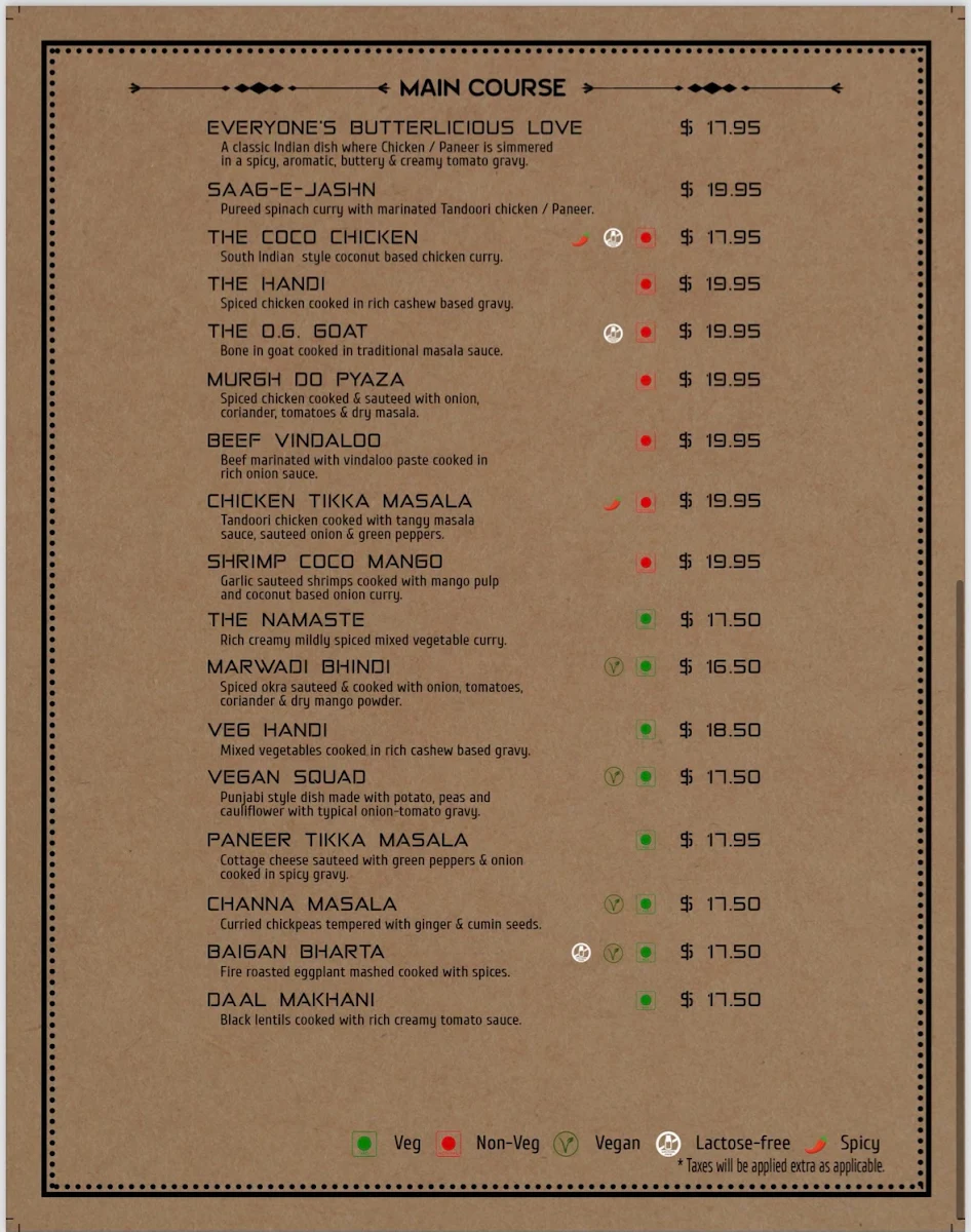 Menu, Namaste Kemptville