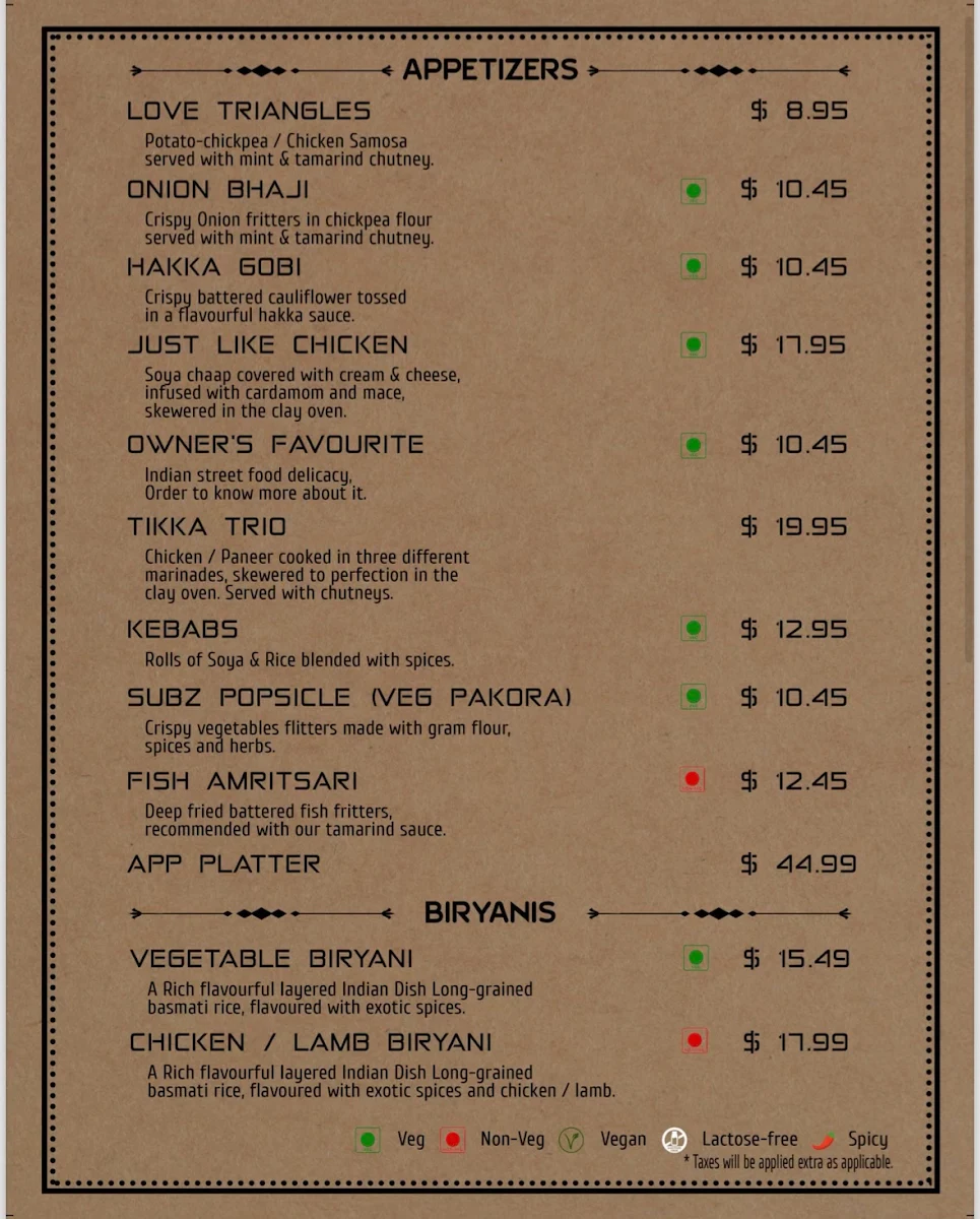 Menu, Namaste Kemptville