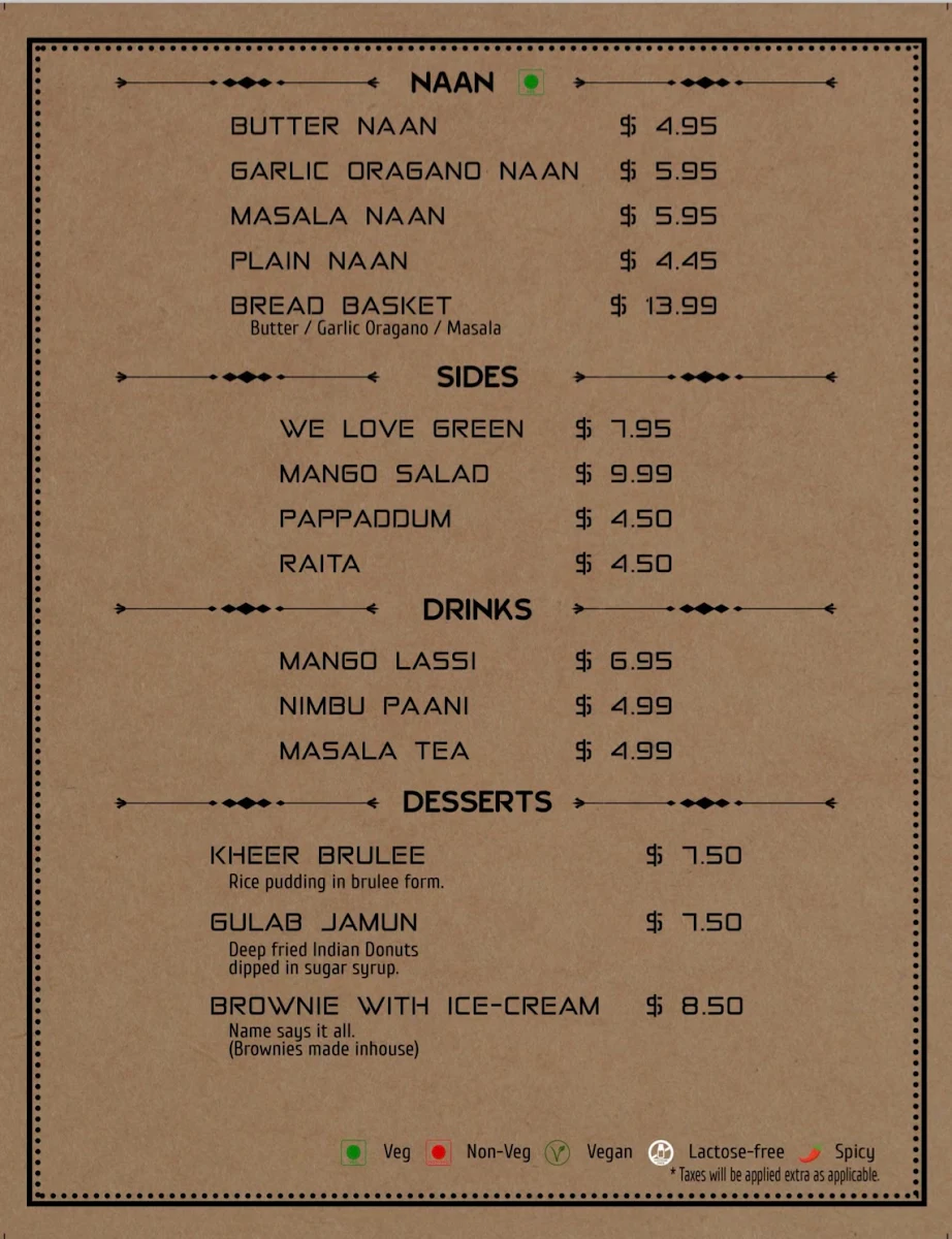 Menu, Namaste Kemptville