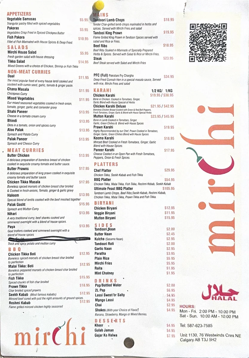 Menu, Mirchi Restaurant Authentic Pakistani Cuisine