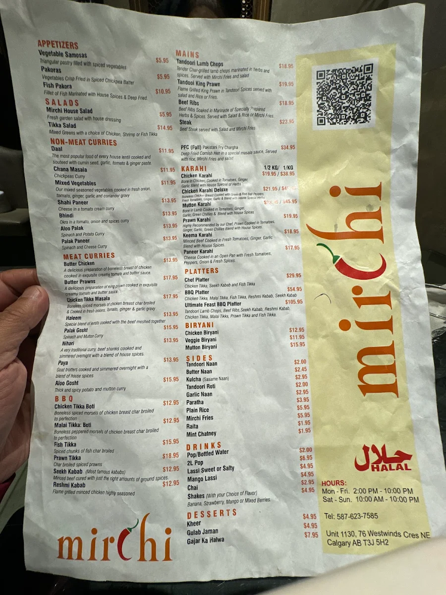 Menu, Mirchi Restaurant Authentic Pakistani Cuisine