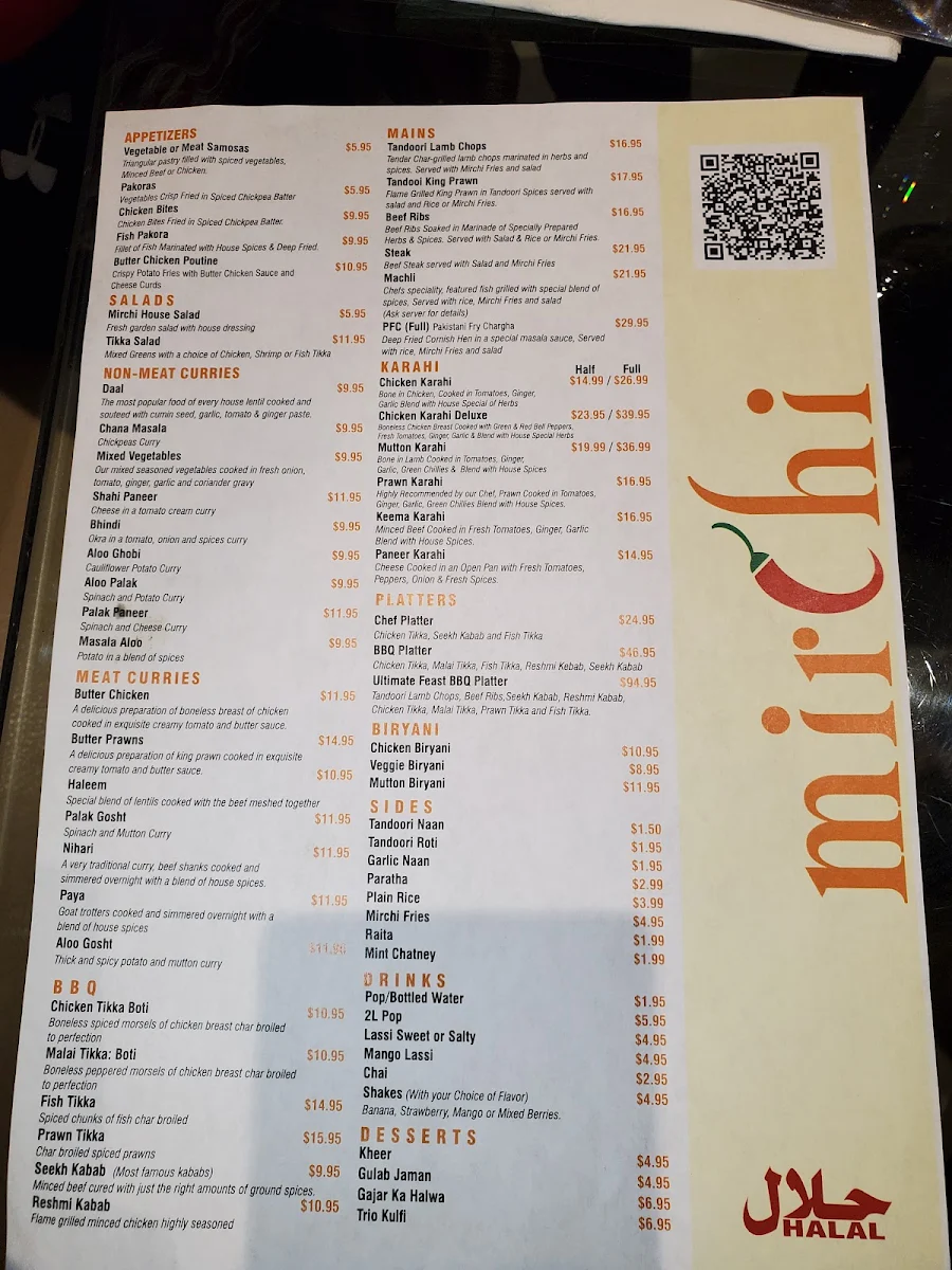 Menu, Mirchi Restaurant Authentic Pakistani Cuisine